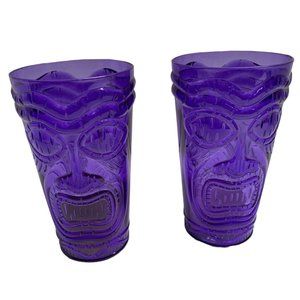 New Luau Purple Tiki Totem Pole Set of 2 Tumber Cups Hard Plastic 6.5 in Tall